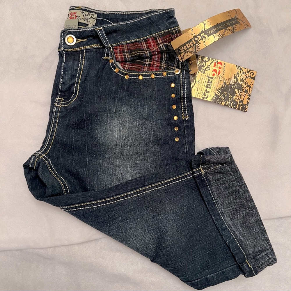 Rebel 25 Jeans Stretch Denim Cropped Cuffed Denim With Rinestones